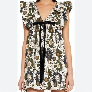 OPT Didi Dress Black Green Floral Party Puff Sleeves Babydoll Size Small